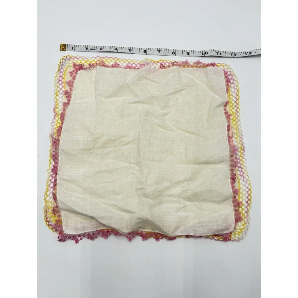 Vintage Linen Handkerchief Set 2 Tatting Lace Trim Pink Yellow Wedding Hankies